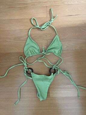 Green String Bikini with Wooden Ring Accents